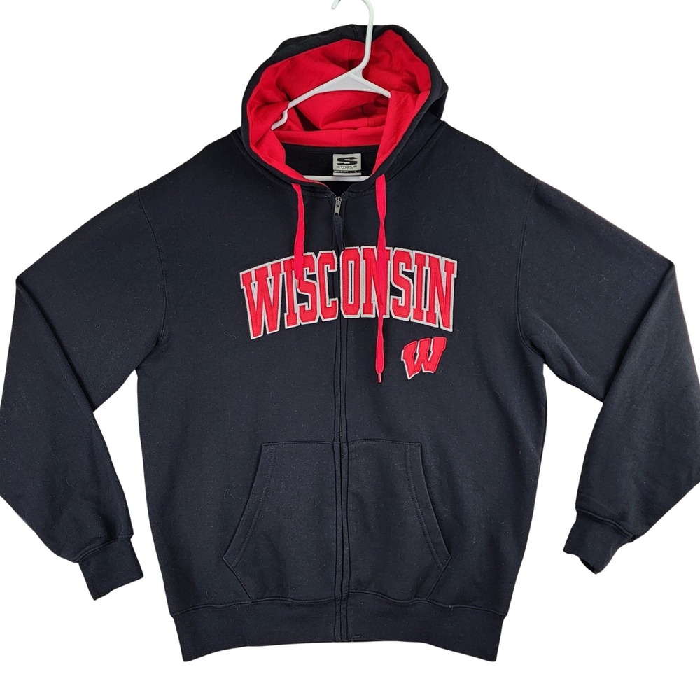Wisconsin Badgers Full Zip Stadium Athletics Hoodie Sweatshirt Mens Large Black